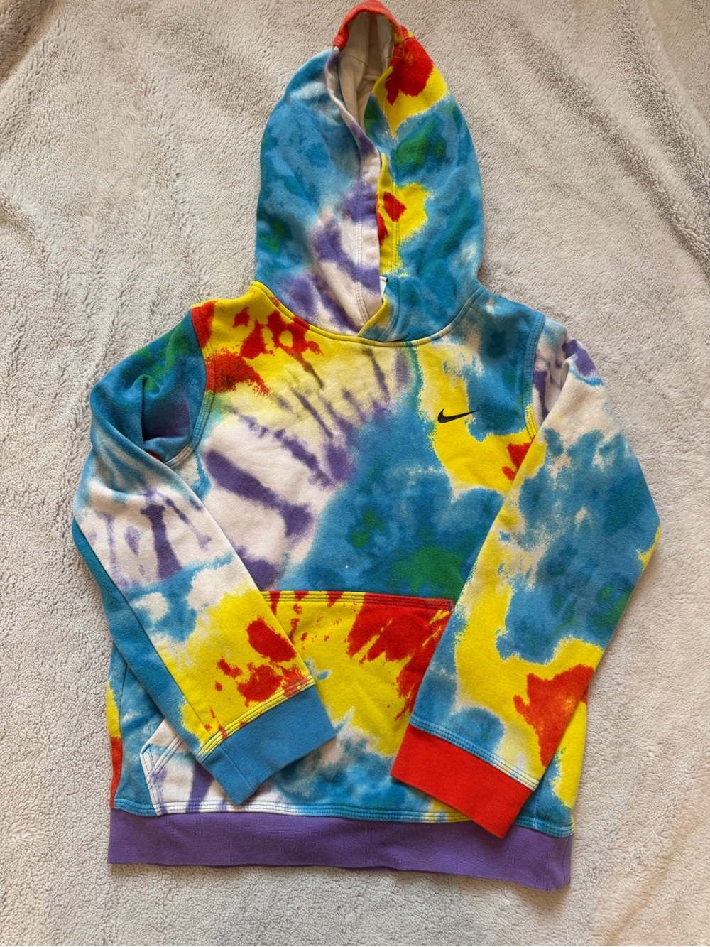Nike Kids Tie Dye Hoodie Small Multicolor Swoosh Pullover Fleece Sweatshirt